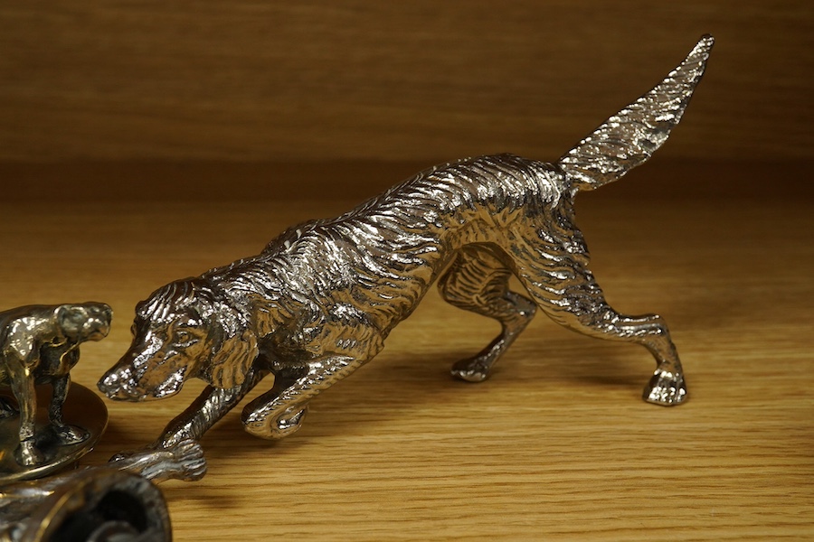 Five dog themed car mascots, including a French bulldog, a greyhound, etc. together with three other cast figures of dogs, some chrome plated, (8). Condition - fair.